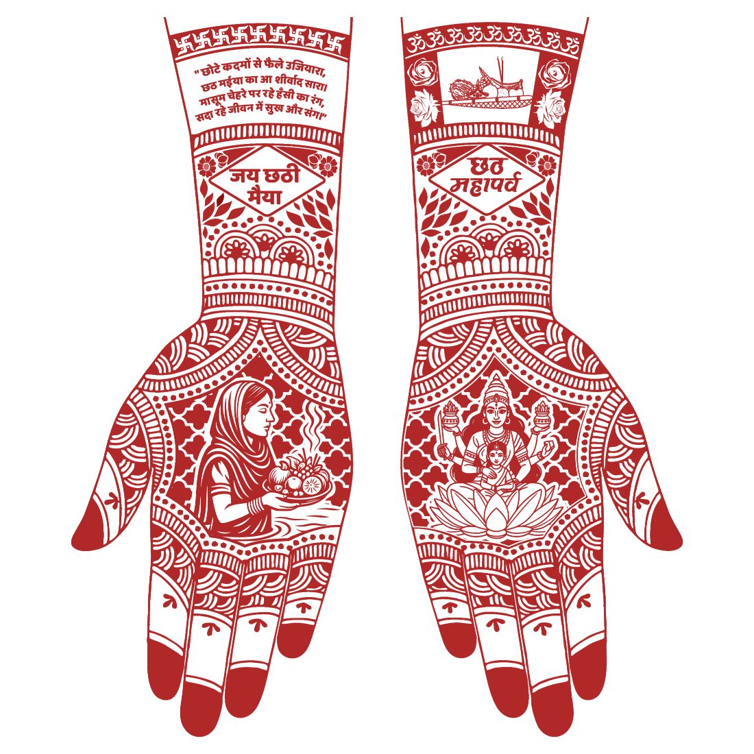 Chhath Puja Mehndi Tattoo Design for Hands Traditional Indian Festival Heena Art Featuring Chhath Maiya, Surya Dev & Devotee Patterns Easy-to-Use Henna Tattoo Sticker
