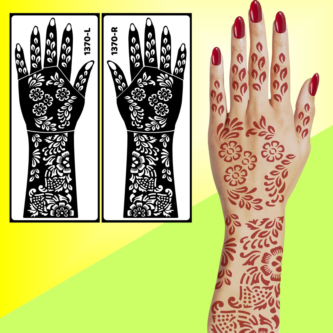 Artistic Bridal Mehndi Stencil Sticker With Flowing Lines And Floral Borders Easy To Use With Instant Beautiful Design