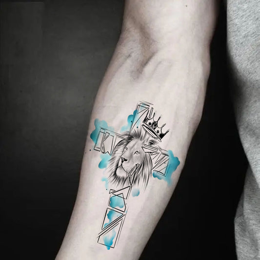 Temporary Tattoowala Cross With Lion Crown Temporary Tattoo for Men and Women Sticker