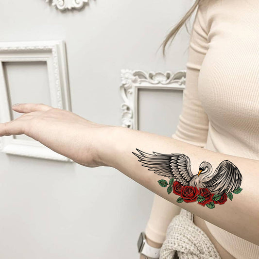 Temporary Tattoowala Swan With Beautiful Rose Colourful Temporary Tattoo for Men and Women Waterproof Sticker