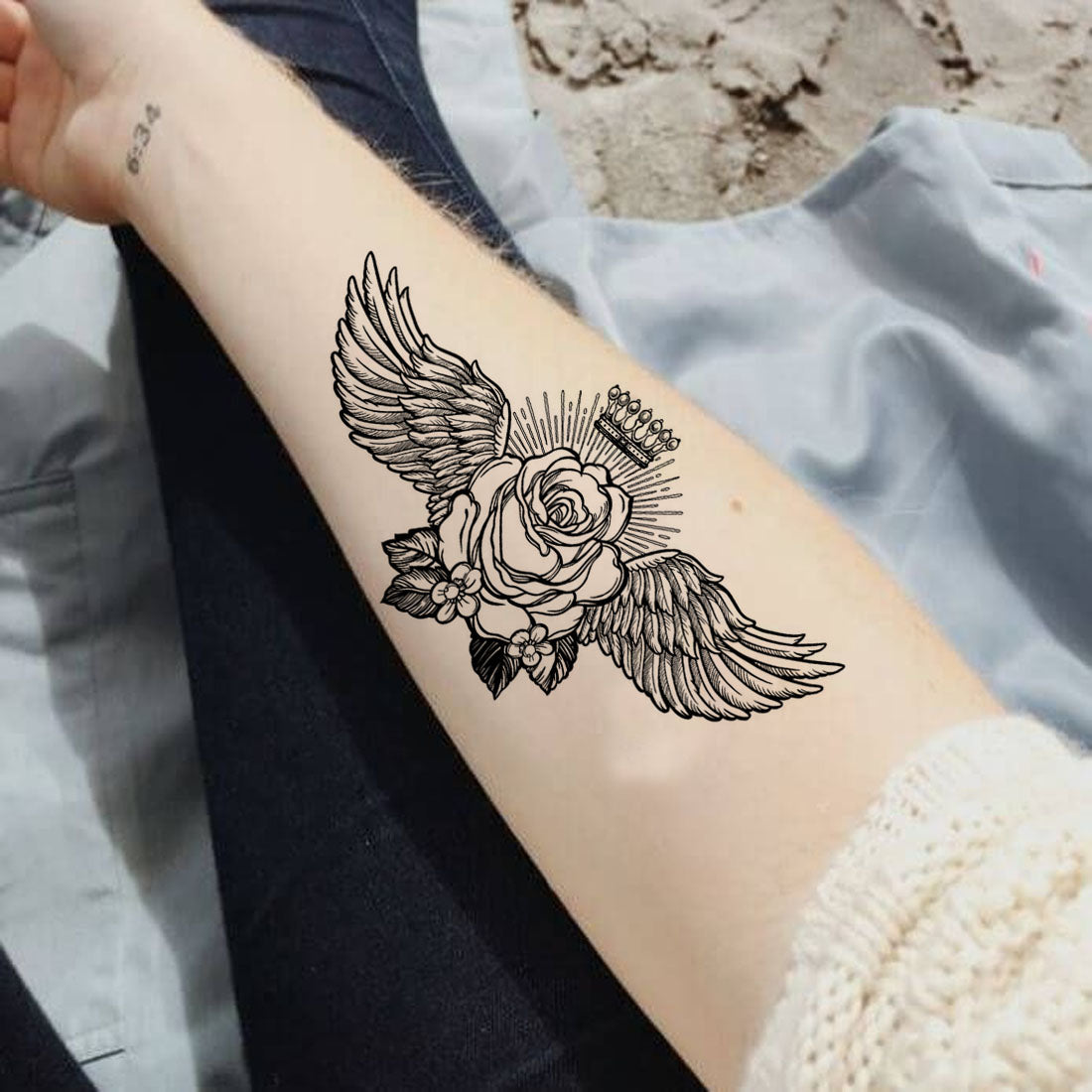 Temporary Tattoowala Black Rose Wing Crown Temporary Tattoo for Men and Women Waterproof Sticker