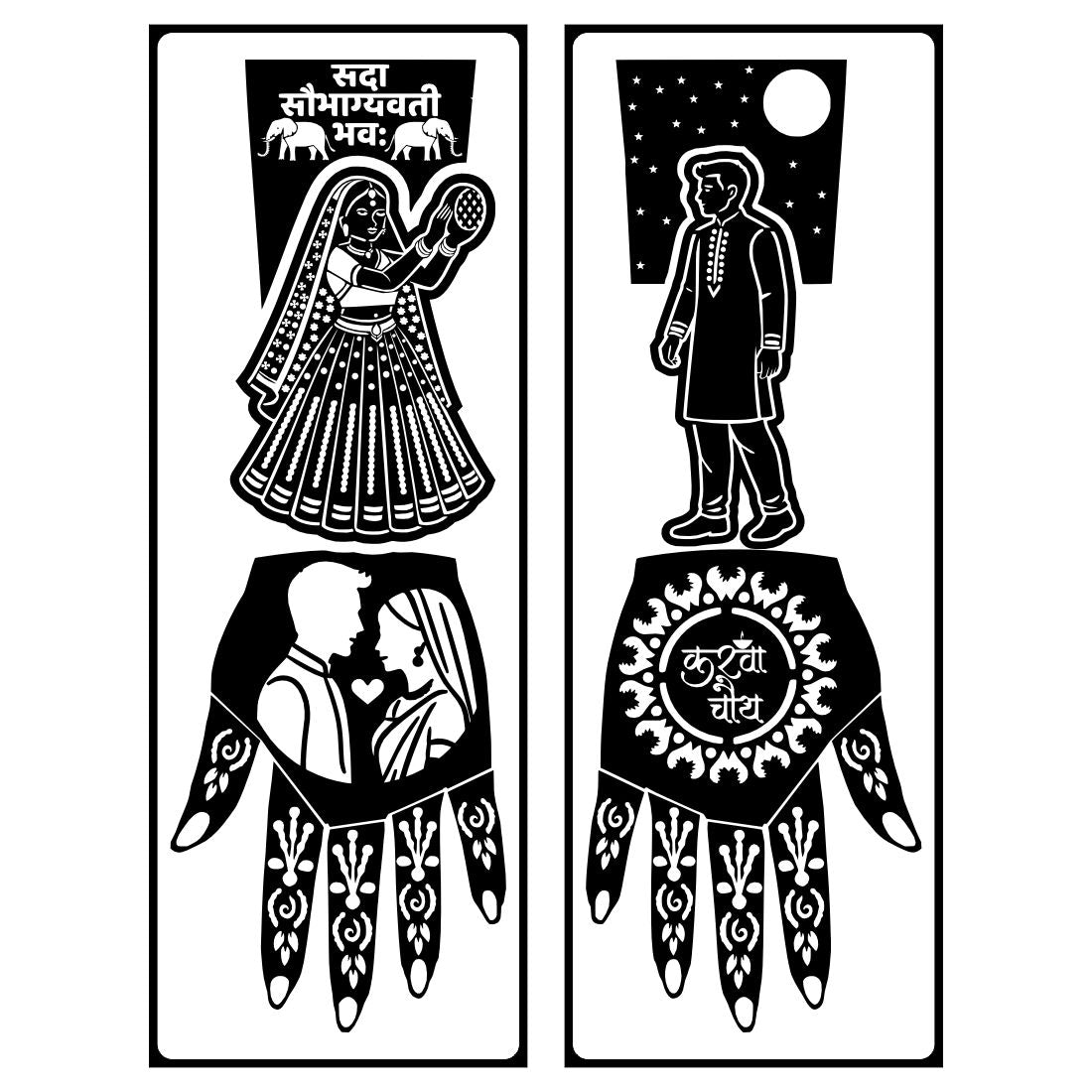 Karwa Chauth Special Stencil Mehndi Sticker with Bride, Groom & Traditional Designs Full Hand Mehndi Stencil Sticker