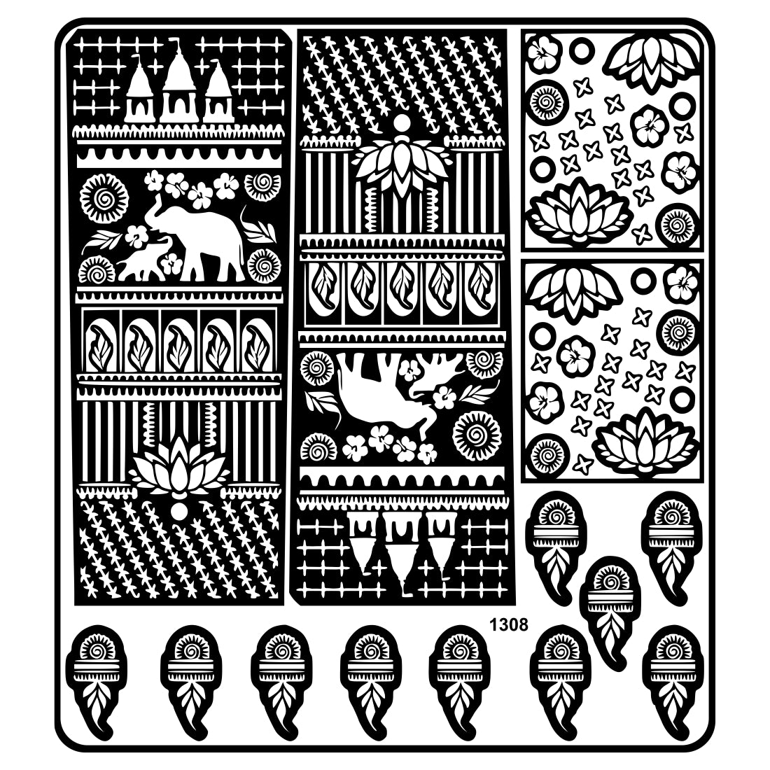 Elephant And Lotus Mehndi Stencil Sticker With Traditional Decorative Patterns & Bride Design
