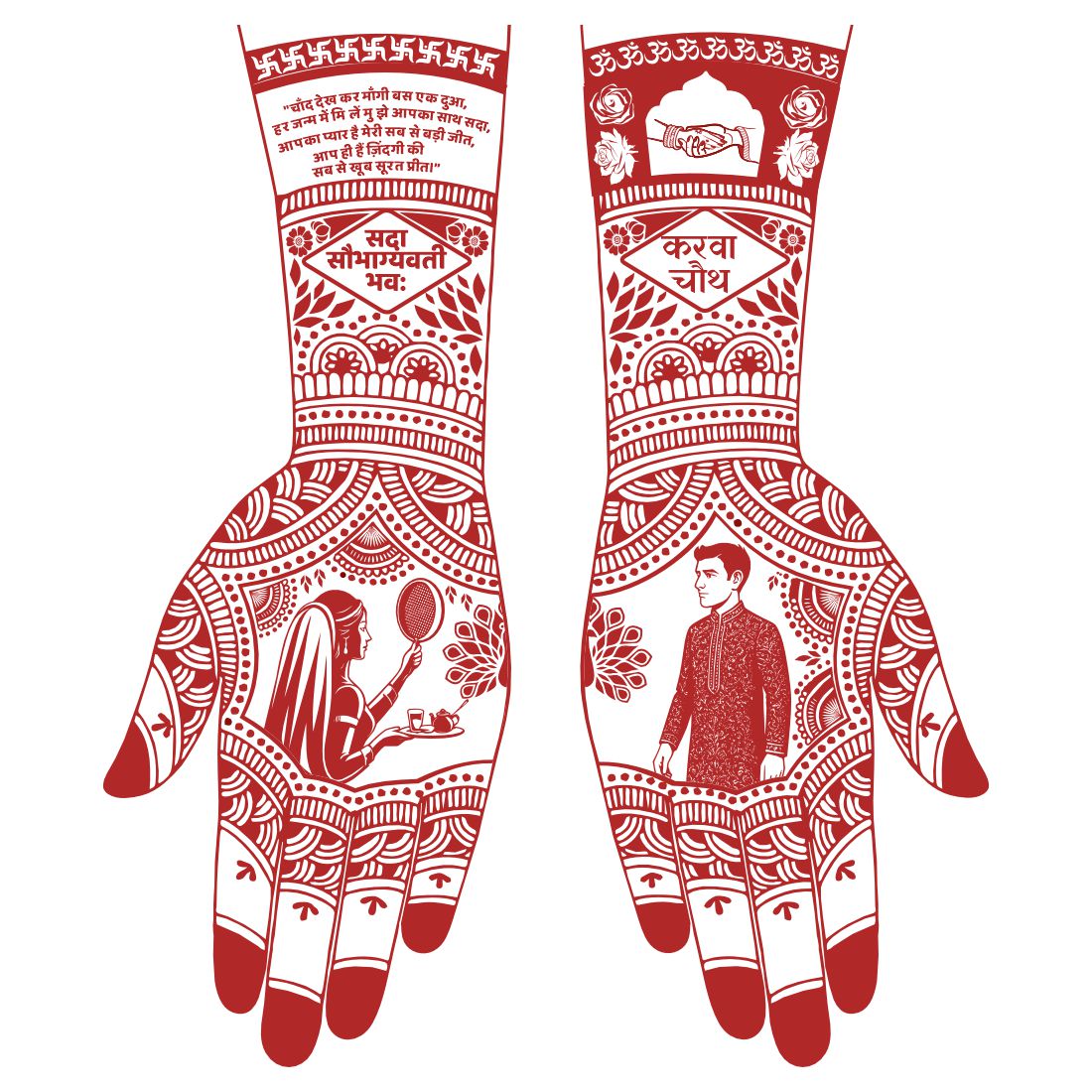 Karwa Chauth Mehndi Design With Bride, Groom Design Full Hand With Traditional Design