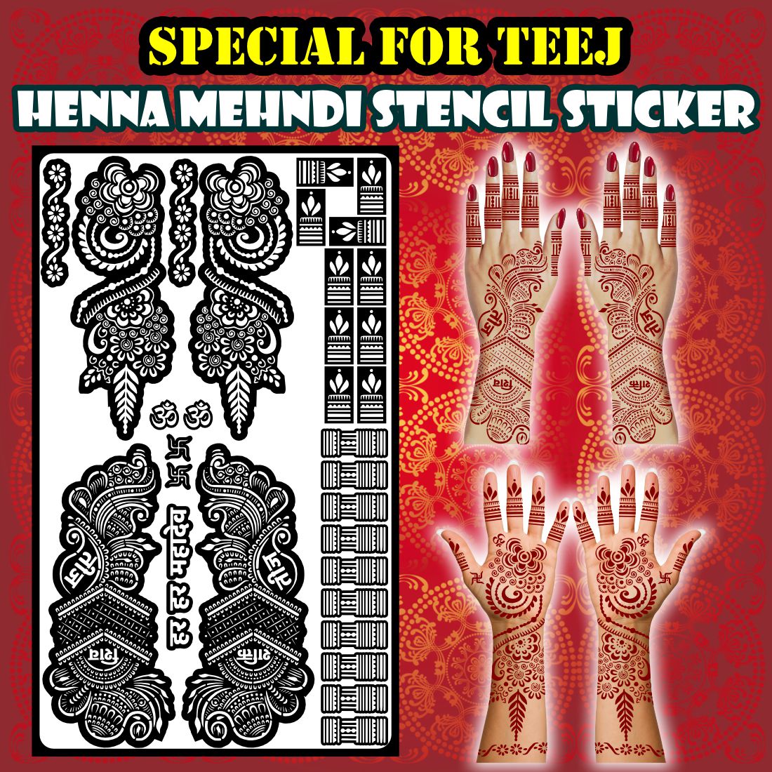 Traditional Teej Special Mehndi Stencil Sheet Featuring Floral Motifs, Om and Swastik Sacred Symbols, Har Har Mahadev Script, Leafy Trails, and Decorative Finger Patterns for Back and Front Hand Use