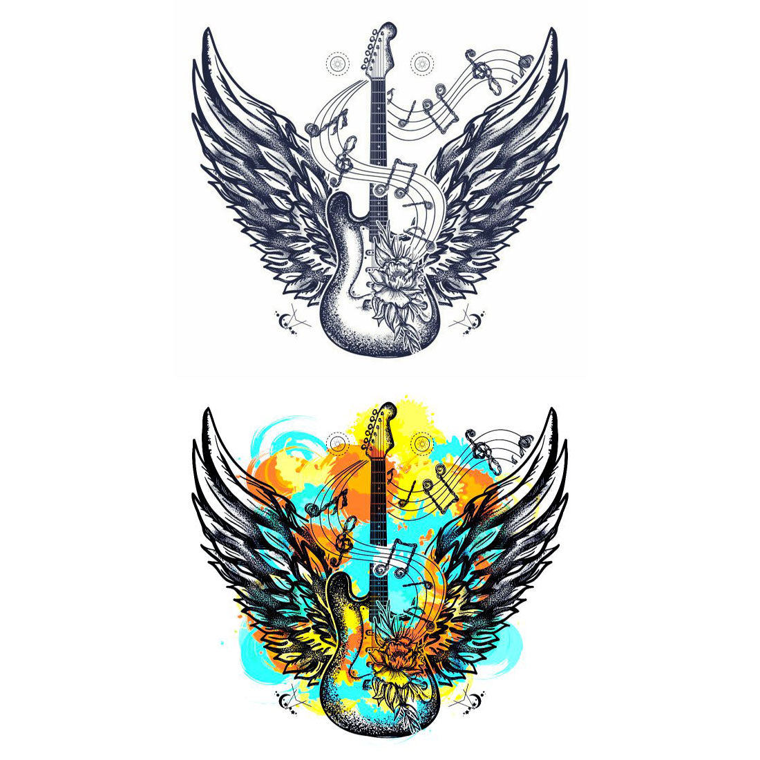Temporary Tattoowala Guitar Wing 2 Design Colourful Black Temporary Tattoo for Men and Women Waterproof Sticker