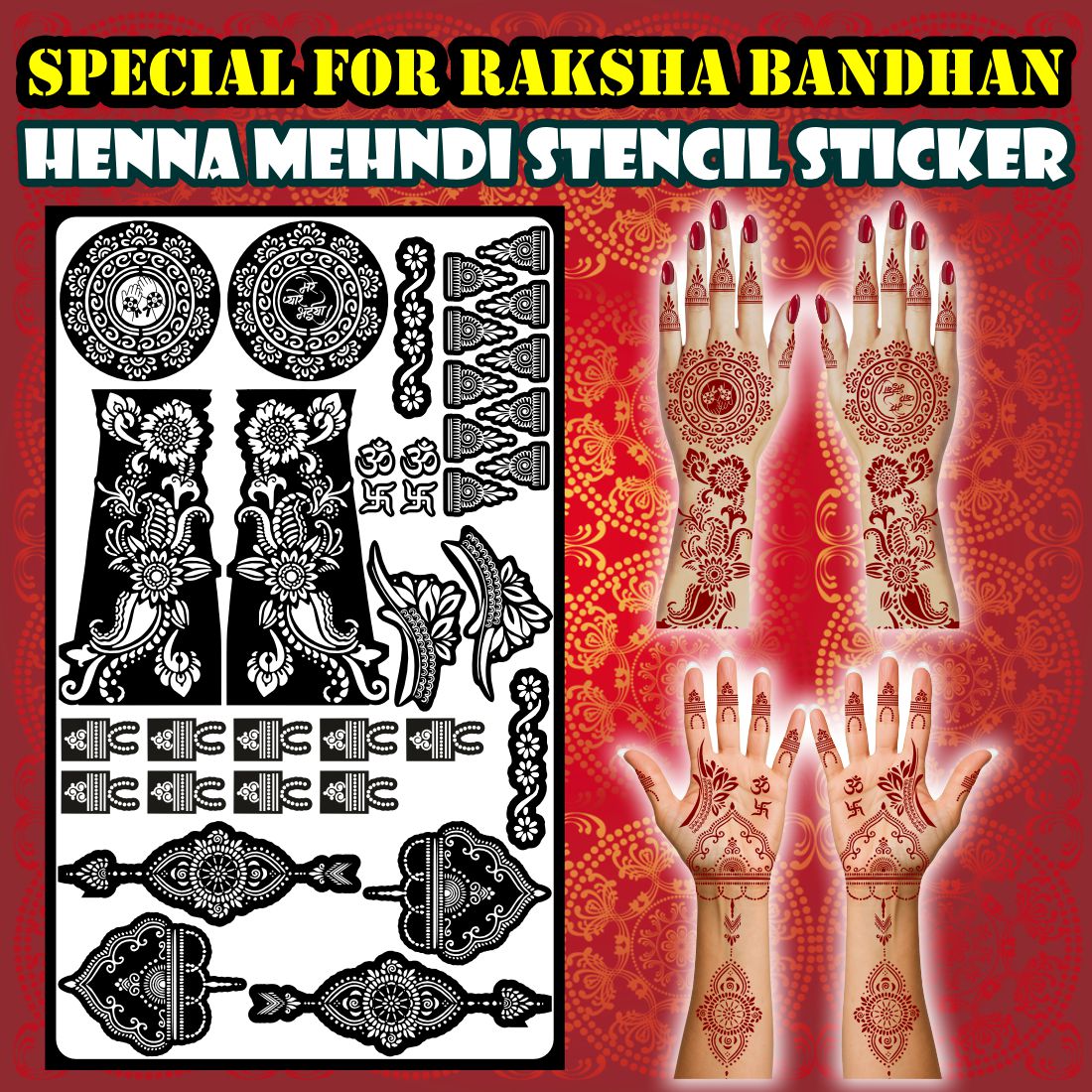 Beautiful Rakshabandhan Mehndi Stencil with Traditional Rakhi, Floral Cuffs, Om Symbols, and Elegant Arm Wrap Designs for Festive Celebrations