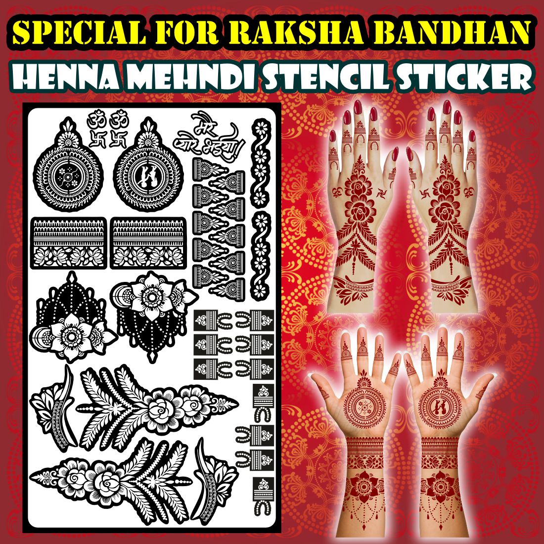 Traditional Rakshabandhan Mehndi Stencil Sheet Featuring Om Swastik Symbols, “Mere Ghar Kanhaiya” Text, Floral Wrist Bands, and Sacred Palm Fillers