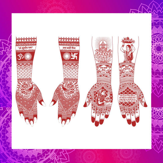 Chhath Puja Mehndi Tattoo Design for Hands Traditional Indian Festival Mehndi Art with Sun God & Devotee Patterns Om, Swastik, and Surya Easy to Apply Mehndi Tattoo Sticker