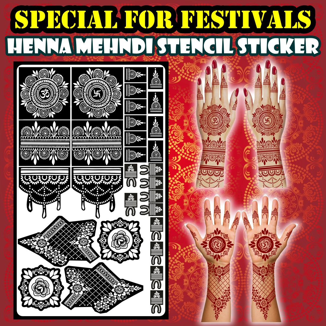 Full Hand Mehndi Stencil Sheet with Sacred Om Swastik Circles, Floral Palm Centers, Wrist Chains & Finger Wraps for Celebrations