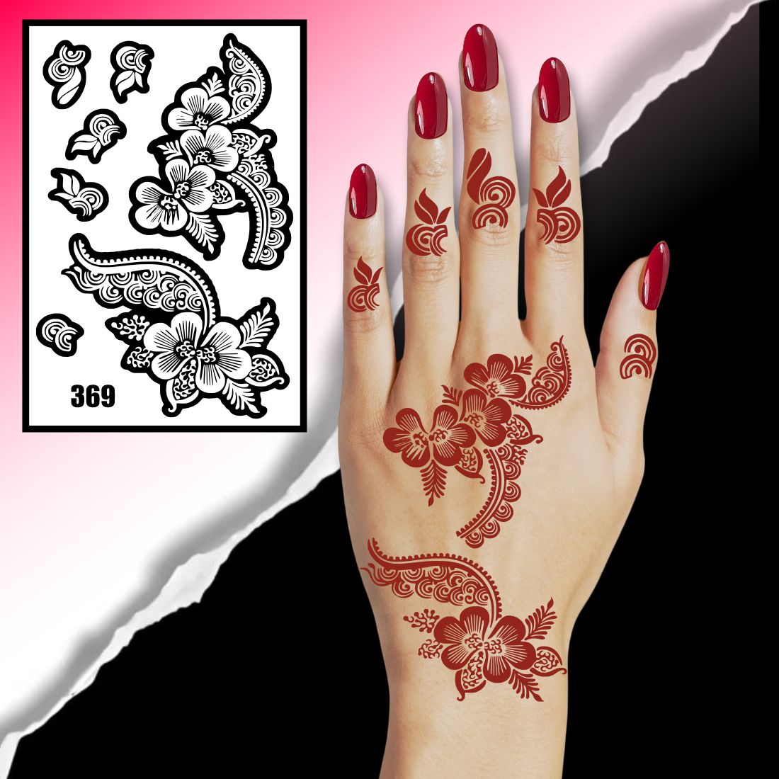 Floral & Leaf Mehndi Stencil With Roses, Leaves, And Finger Art Templates