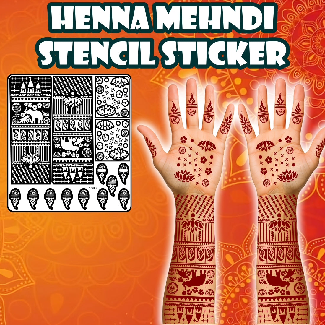 Elephant And Lotus Mehndi Stencil Sticker With Traditional Decorative Patterns & Bride Design