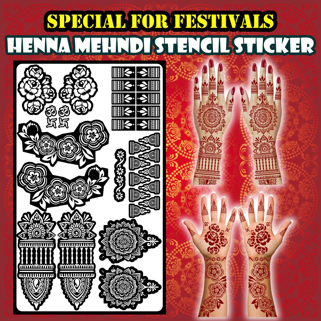 All Festival Floral Mehndi Stencil Sheet Featuring Mandala, Swastik, Om, Kalash, and Decorative Flower Borders for Hands and Feet