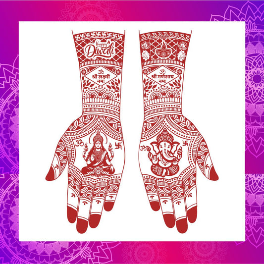 Lakshmi Ganesh Henna Mehndi Tattoo for Diwali Easy Hand Design Template for Festivals, Pooja & Bridal Celebration