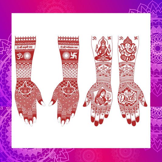 Happy Diwali Mehndi Tattoo Design for Hands Lakshmi Ganesh Festival Henna Art “Om Shri Laxmi Ganesh Namah” & Diya Motif Indian Festive Mehndi Tattoo for Women & Girls
