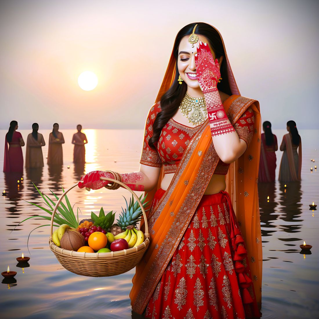 Chhath Puja Mehndi Tattoo Design for Hands Traditional Indian Festival Mehndi Art with Sun God & Devotee Patterns Om, Swastik, and Surya Easy to Apply Mehndi Tattoo Sticker