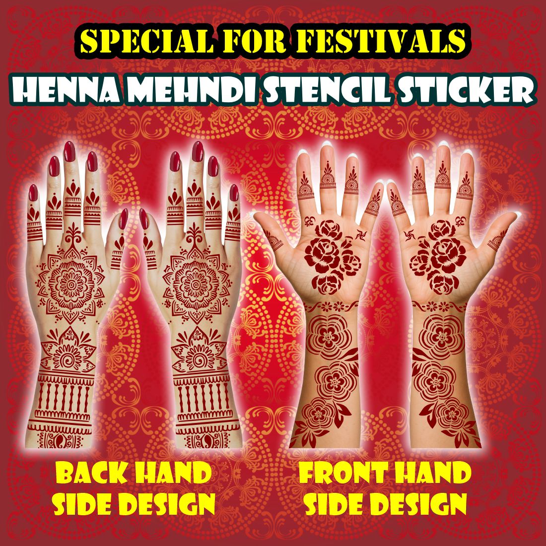 All Festival Floral Mehndi Stencil Sheet Featuring Mandala, Swastik, Om, Kalash, and Decorative Flower Borders for Hands and Feet
