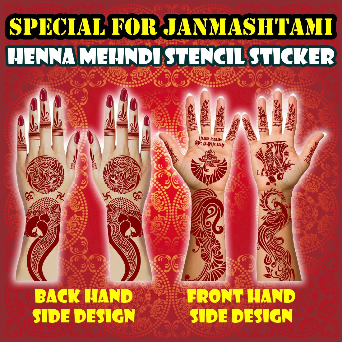 Divine Krishna Radha Mehndi Stencil for Janmashtami with Flute, Feather, Om Symbols & Traditional Round Peacock Motifs