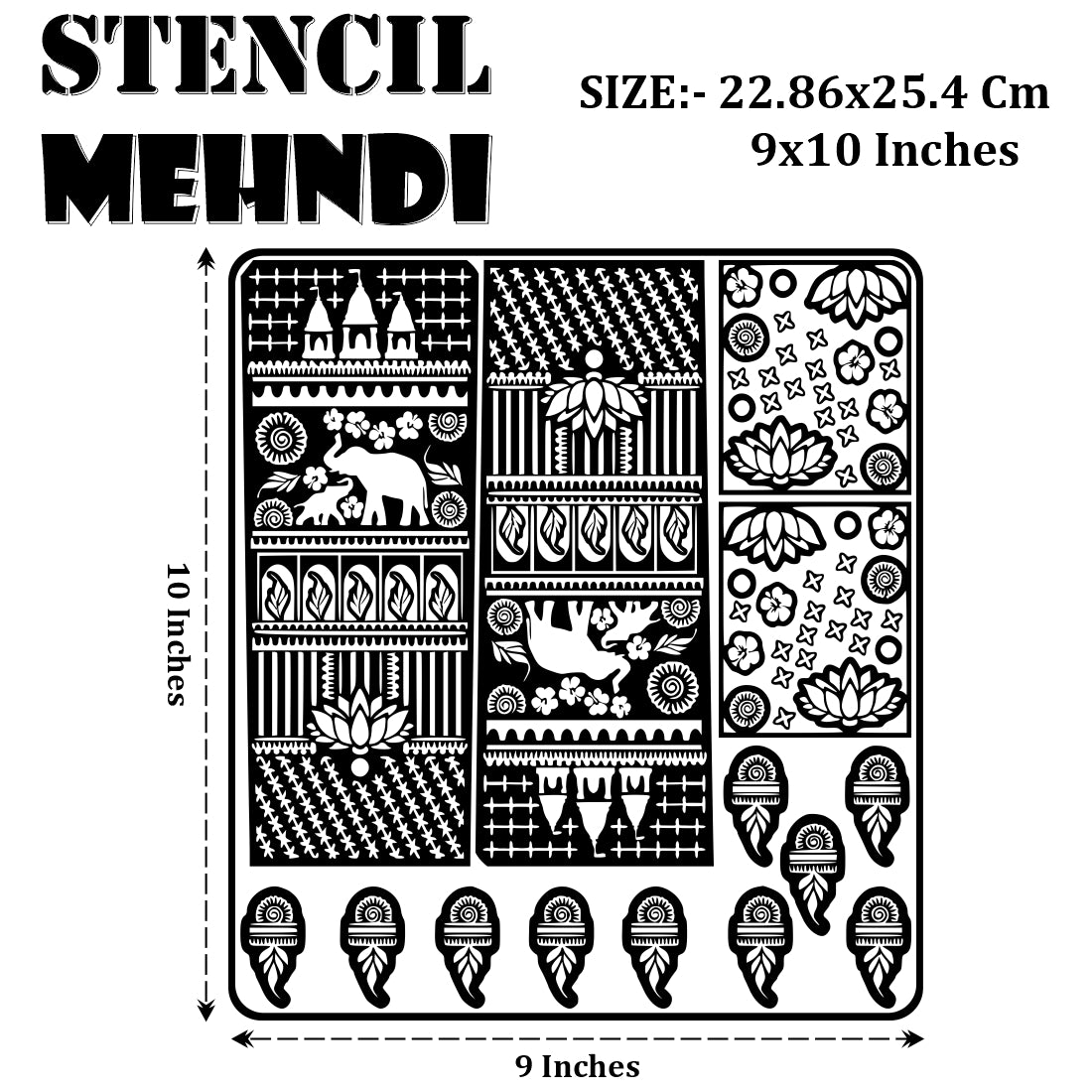 Elephant And Lotus Mehndi Stencil Sticker With Traditional Decorative Patterns & Bride Design