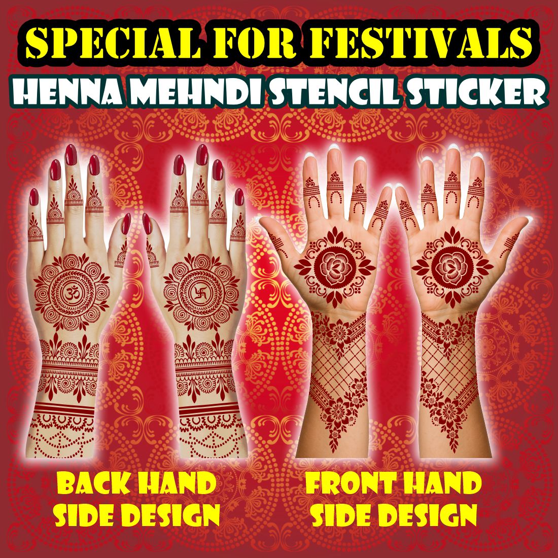 Full Hand Mehndi Stencil Sheet with Sacred Om Swastik Circles, Floral Palm Centers, Wrist Chains & Finger Wraps for Celebrations