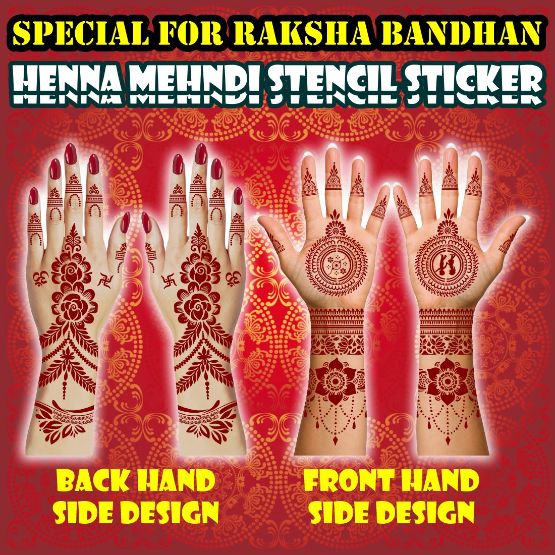 Traditional Rakshabandhan Mehndi Stencil Sheet Featuring Om Swastik Symbols, “Mere Ghar Kanhaiya” Text, Floral Wrist Bands, and Sacred Palm Fillers