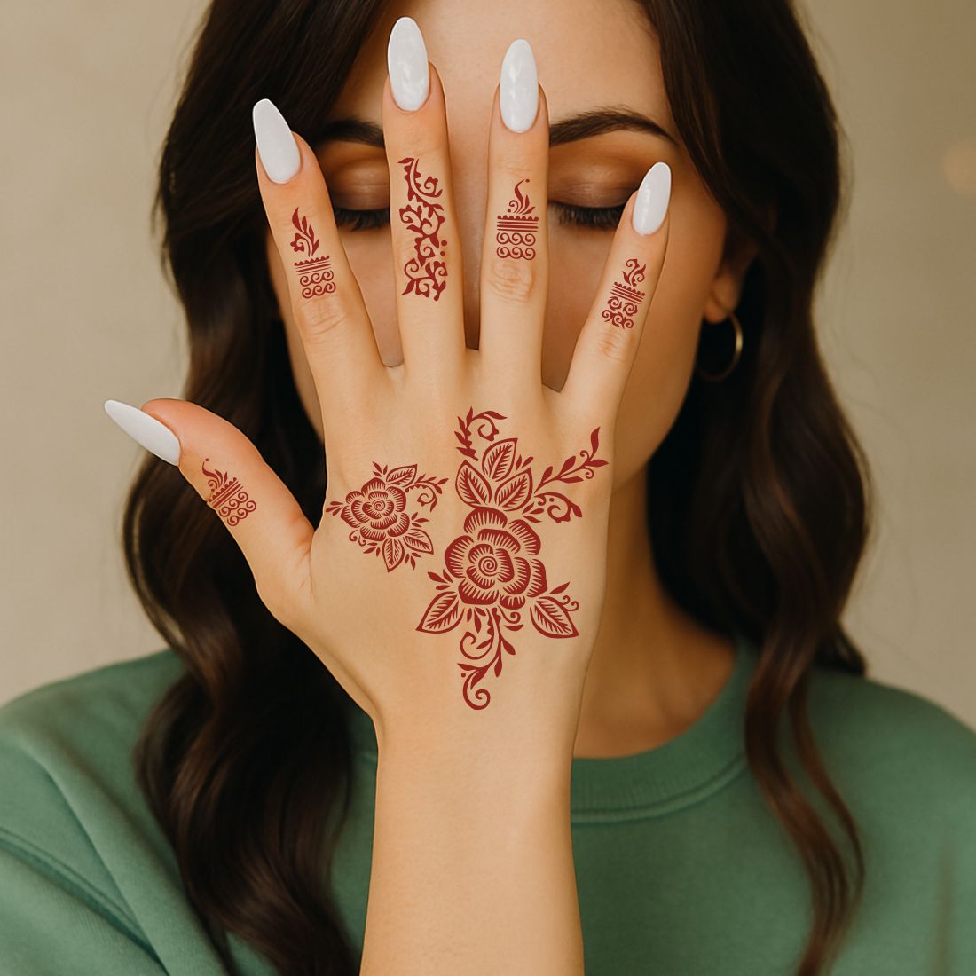 Elegant Rose & Leaf Mehndi Stencil With Finger & Side Pattern Designs
