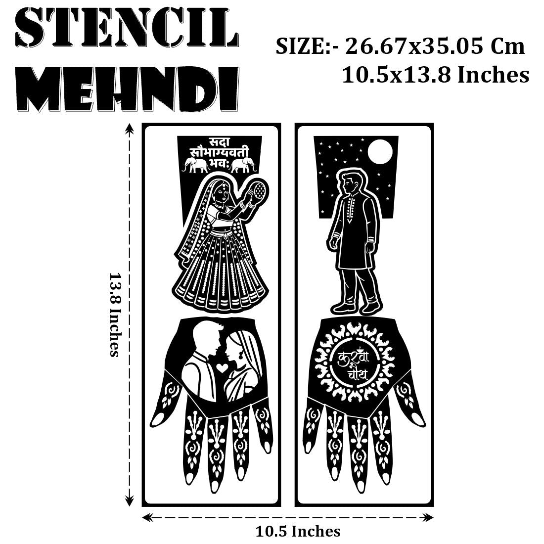 Karwa Chauth Special Stencil Mehndi Sticker with Bride, Groom & Traditional Designs Full Hand Mehndi Stencil Sticker