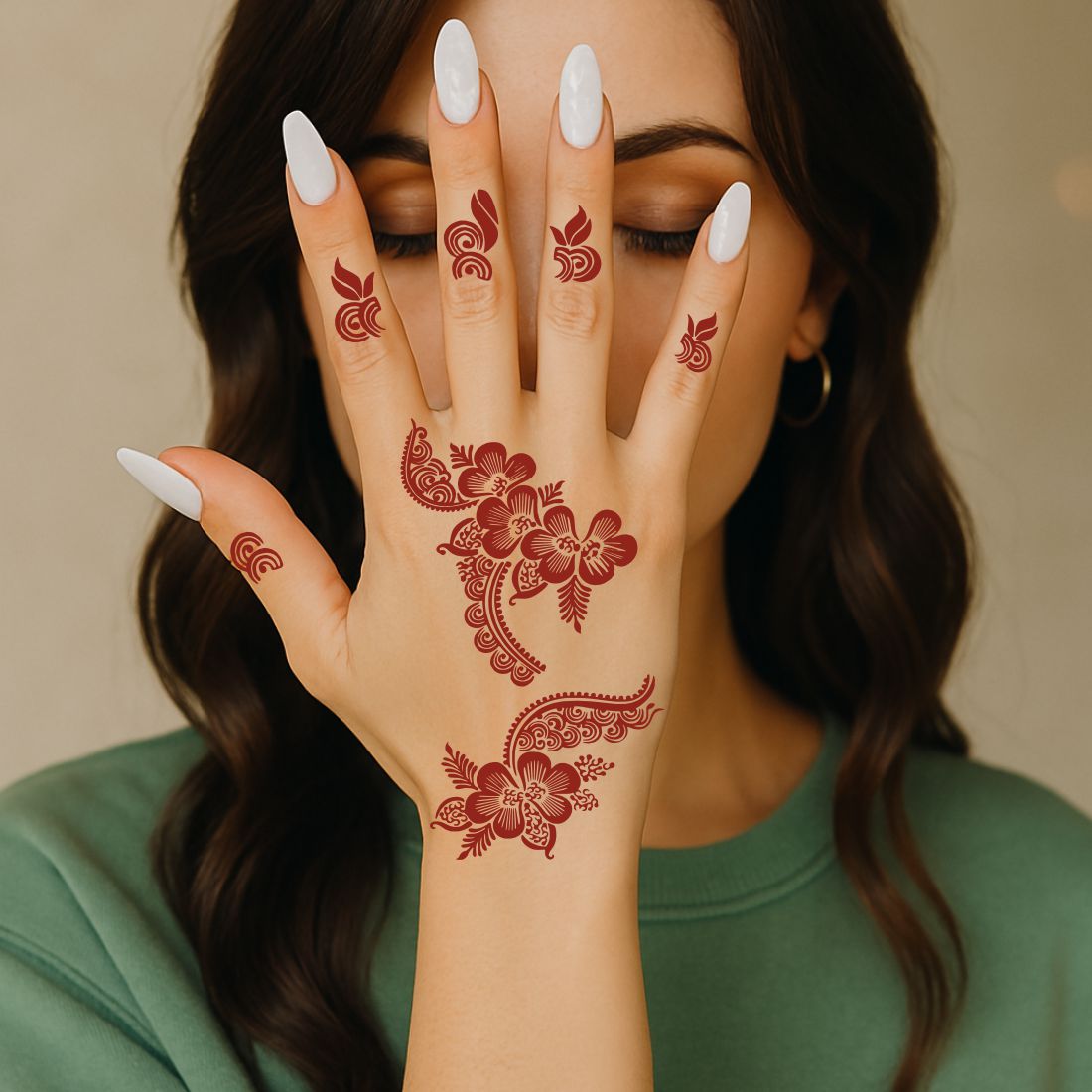 Floral & Leaf Mehndi Stencil With Roses, Leaves, And Finger Art Templates