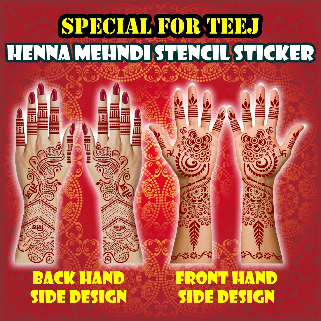 Traditional Teej Special Mehndi Stencil Sheet Featuring Floral Motifs, Om and Swastik Sacred Symbols, Har Har Mahadev Script, Leafy Trails, and Decorative Finger Patterns for Back and Front Hand Use