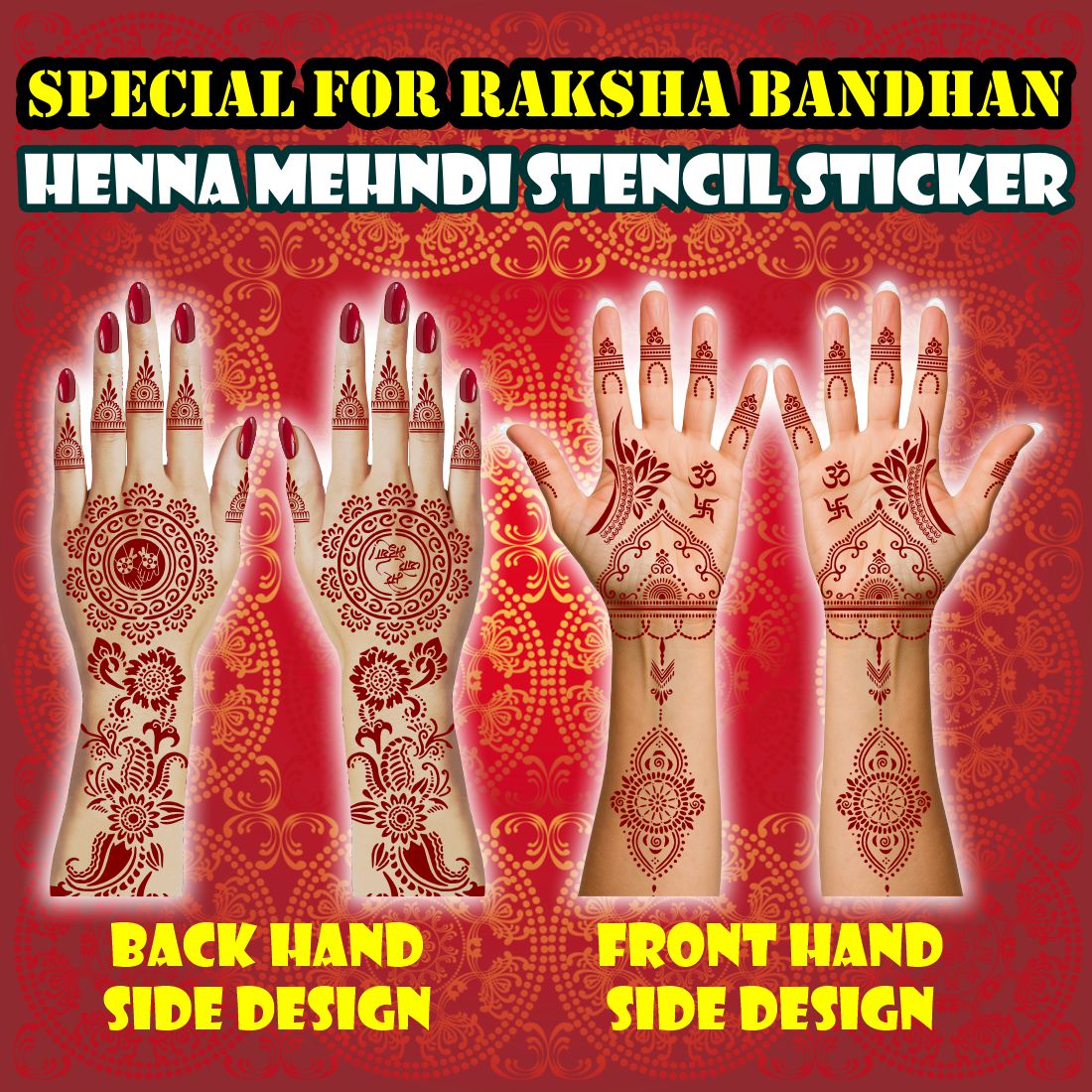 Beautiful Rakshabandhan Mehndi Stencil with Traditional Rakhi, Floral Cuffs, Om Symbols, and Elegant Arm Wrap Designs for Festive Celebrations