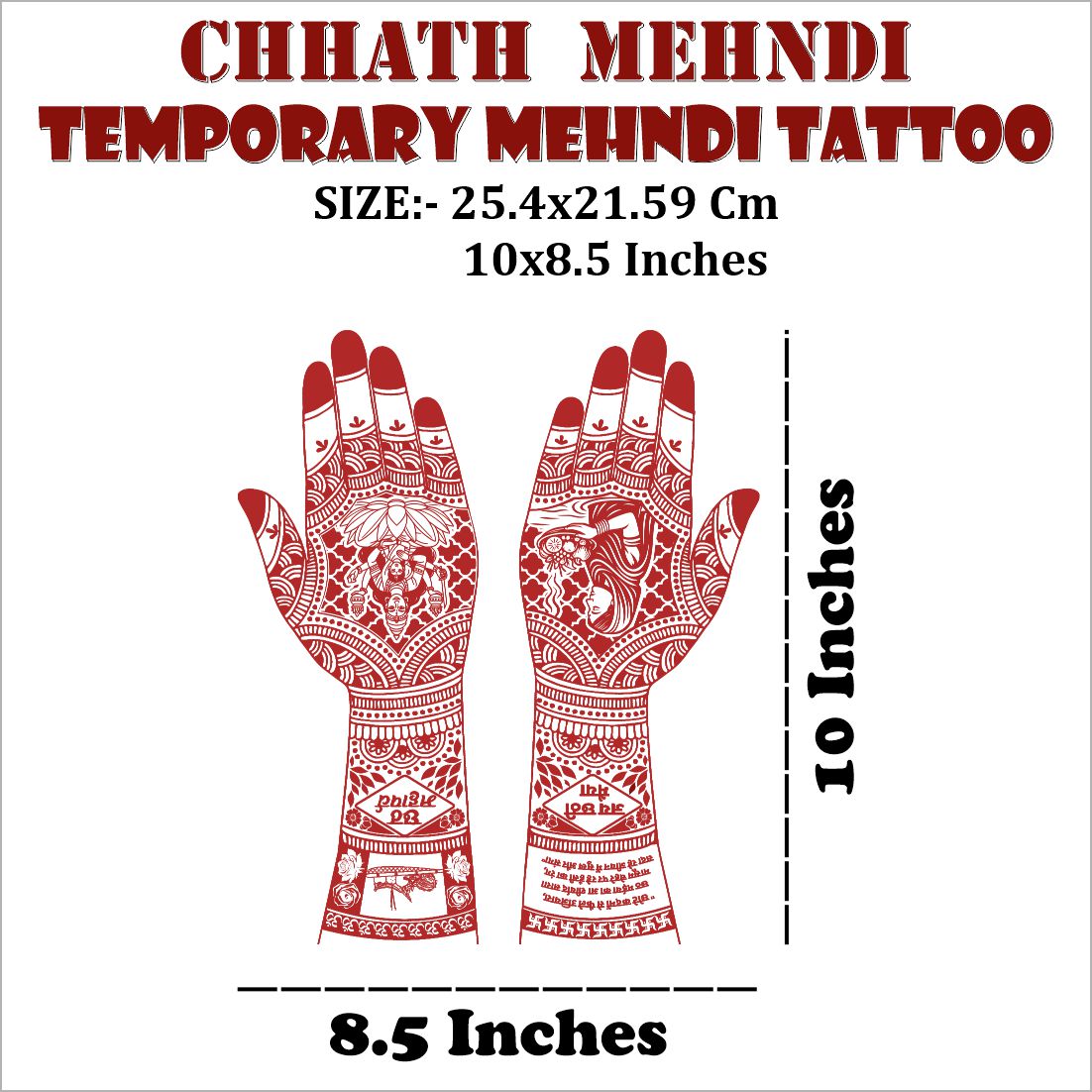 Chhath Puja Mehndi Tattoo Design for Hands Traditional Indian Festival Heena Art Featuring Chhath Maiya, Surya Dev & Devotee Patterns Easy-to-Use Henna Tattoo Sticker