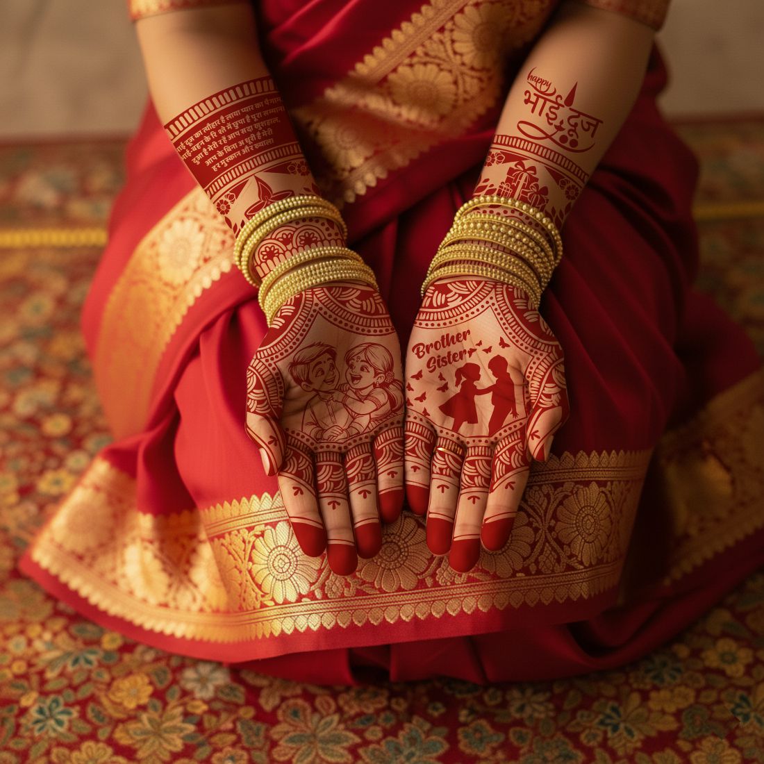 Bhai Dooj Mehndi Tattoo Design for Hands Traditional Brother Sister Festival Henna Art Beautiful Bhai Behan Heena Design with “Brother Sister”  Festive Patterns