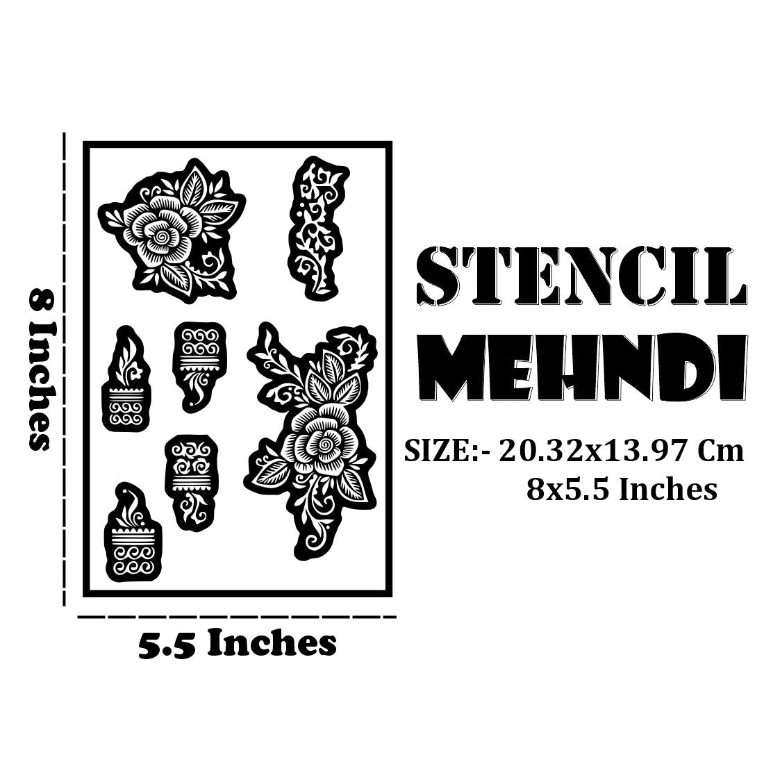 Elegant Rose & Leaf Mehndi Stencil With Finger & Side Pattern Designs