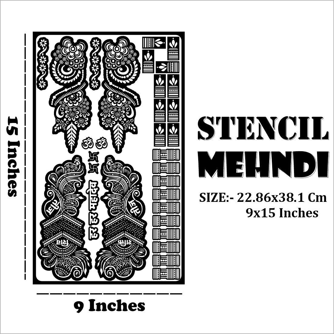 Traditional Teej Special Mehndi Stencil Sheet Featuring Floral Motifs, Om and Swastik Sacred Symbols, Har Har Mahadev Script, Leafy Trails, and Decorative Finger Patterns for Back and Front Hand Use