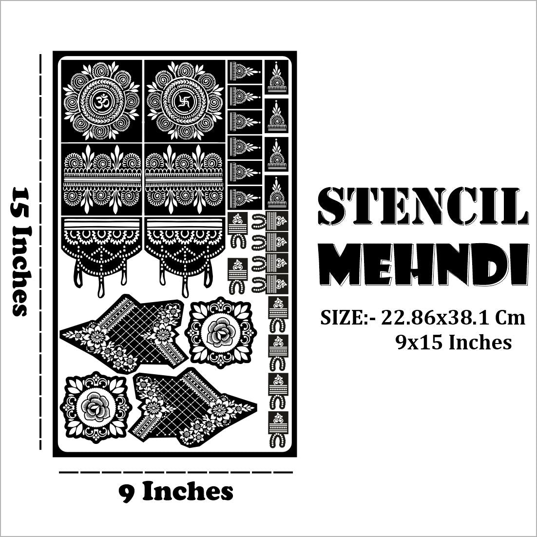 Full Hand Mehndi Stencil Sheet with Sacred Om Swastik Circles, Floral Palm Centers, Wrist Chains & Finger Wraps for Celebrations