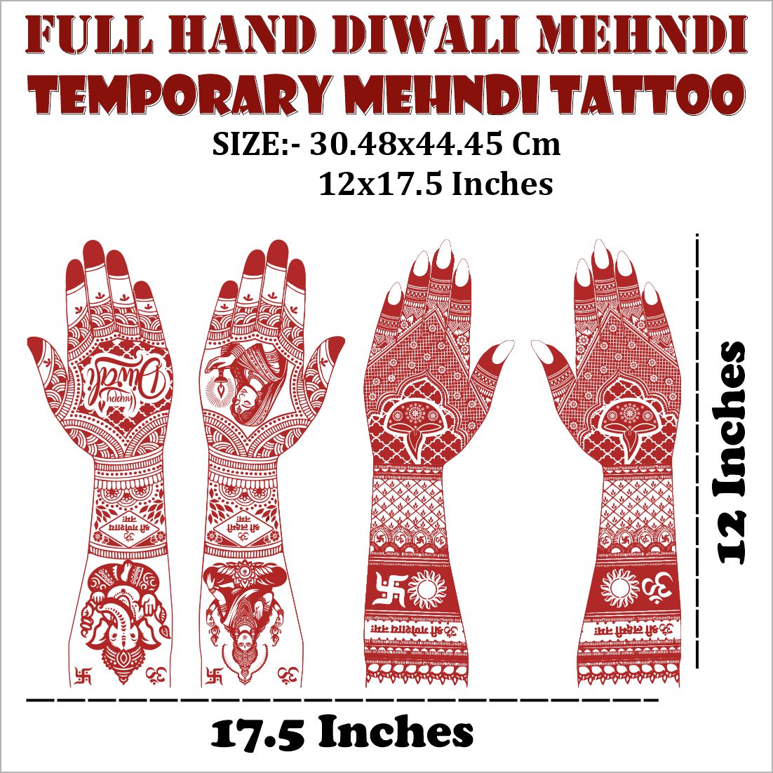 Happy Diwali Mehndi Tattoo Design for Hands Lakshmi Ganesh Festival Henna Art “Om Shri Laxmi Ganesh Namah” & Diya Motif Indian Festive Mehndi Tattoo for Women & Girls