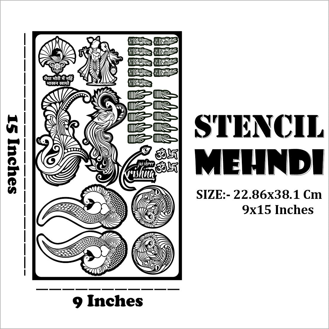 Divine Krishna Radha Mehndi Stencil for Janmashtami with Flute, Feather, Om Symbols & Traditional Round Peacock Motifs