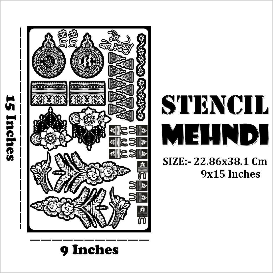 Traditional Rakshabandhan Mehndi Stencil Sheet Featuring Om Swastik Symbols, “Mere Ghar Kanhaiya” Text, Floral Wrist Bands, and Sacred Palm Fillers