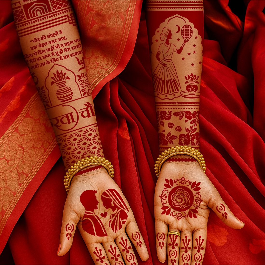 Karwa Chauth Special Stencil Mehndi Sticker With Bride, Couple & Traditional Full Hand Stencil