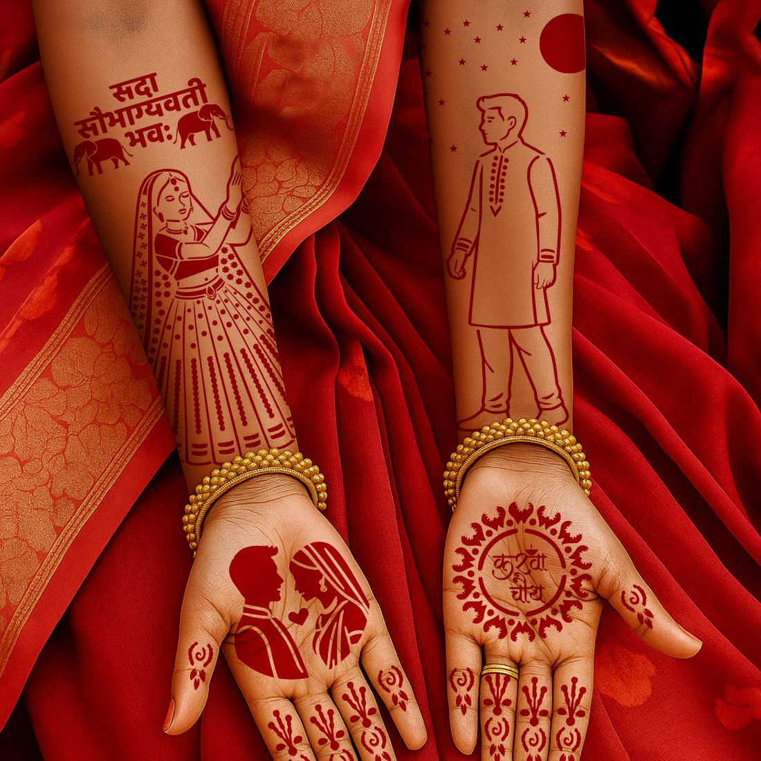 Karwa Chauth Special Stencil Mehndi Sticker with Bride, Groom & Traditional Designs Full Hand Mehndi Stencil Sticker