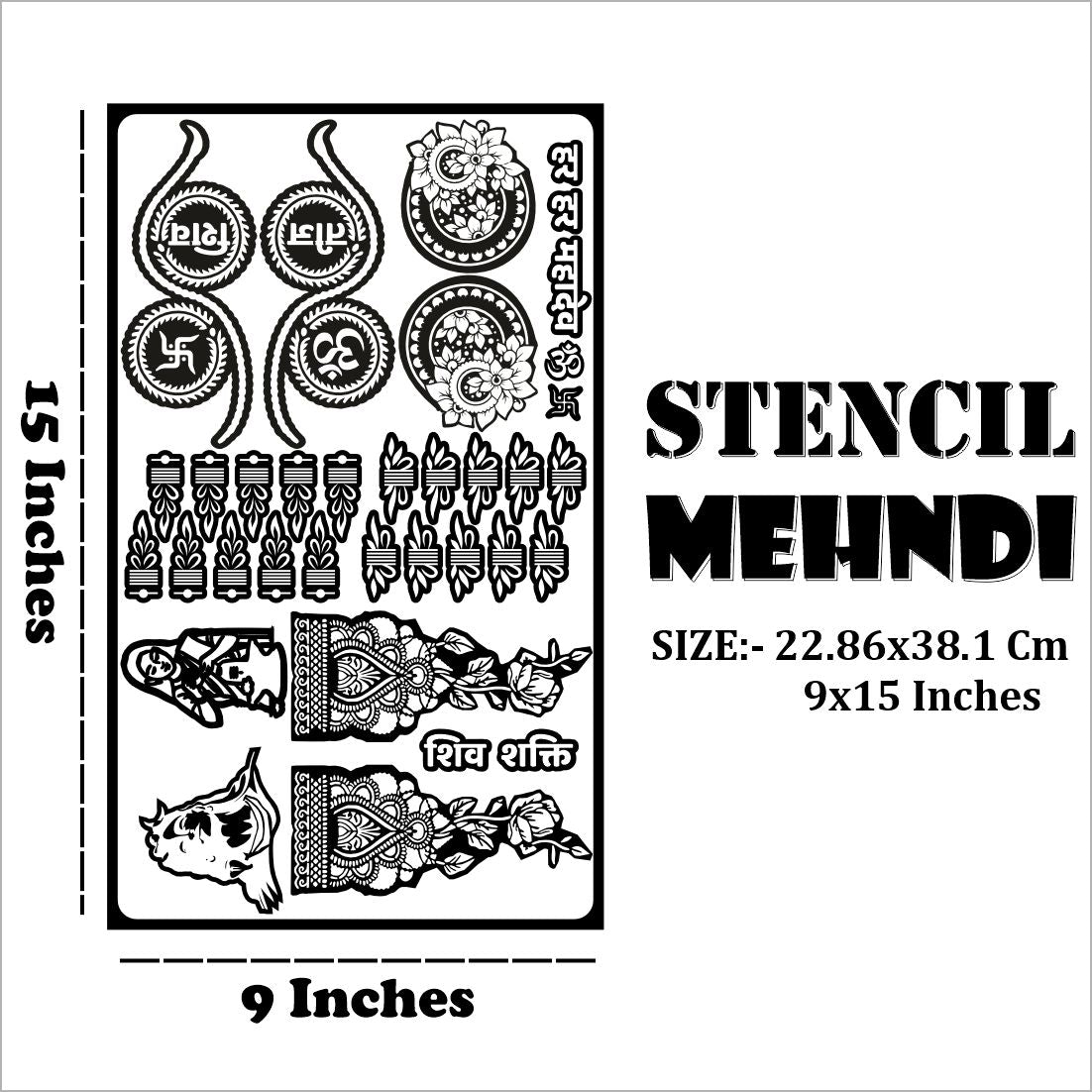 Elegant Teej Mehndi Stencil Sheet With Artistic Shiv Shakti Designs, Kalash, Om, Swastik, Floral Borders, And Decorative Religious Patterns For Celebrations