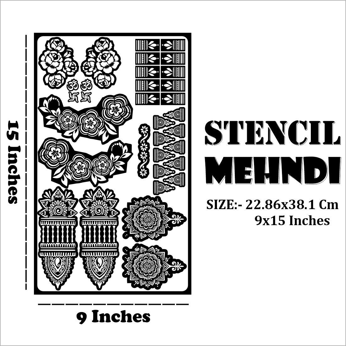 All Festival Floral Mehndi Stencil Sheet Featuring Mandala, Swastik, Om, Kalash, and Decorative Flower Borders for Hands and Feet