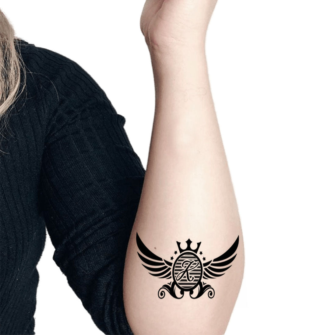 Temporary Tattoowala Black Name Alphabet With Wing Circle Design Temporary Tattoo For Men and Woman Tattoo