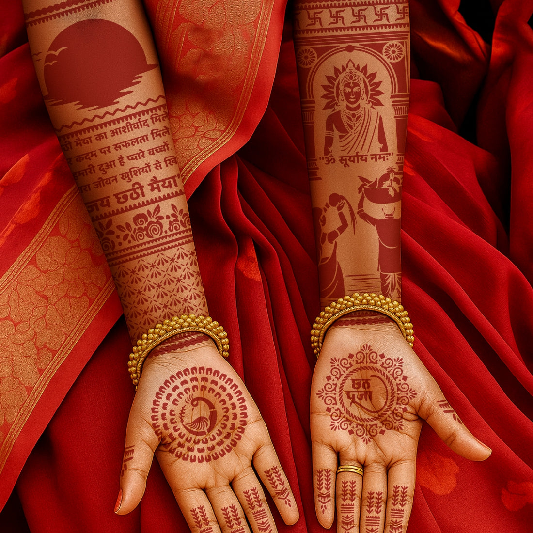 Chhath Puja Stencil Mehndi Sticker Design for Hands Chhath Maiya & Surya Dev Beautiful Arghya Puja Mehndi Design for Women Festival-Ready Cultural Heena Design