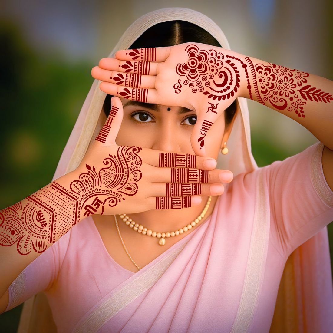 Traditional Teej Special Mehndi Stencil Sheet Featuring Floral Motifs, Om and Swastik Sacred Symbols, Har Har Mahadev Script, Leafy Trails, and Decorative Finger Patterns for Back and Front Hand Use
