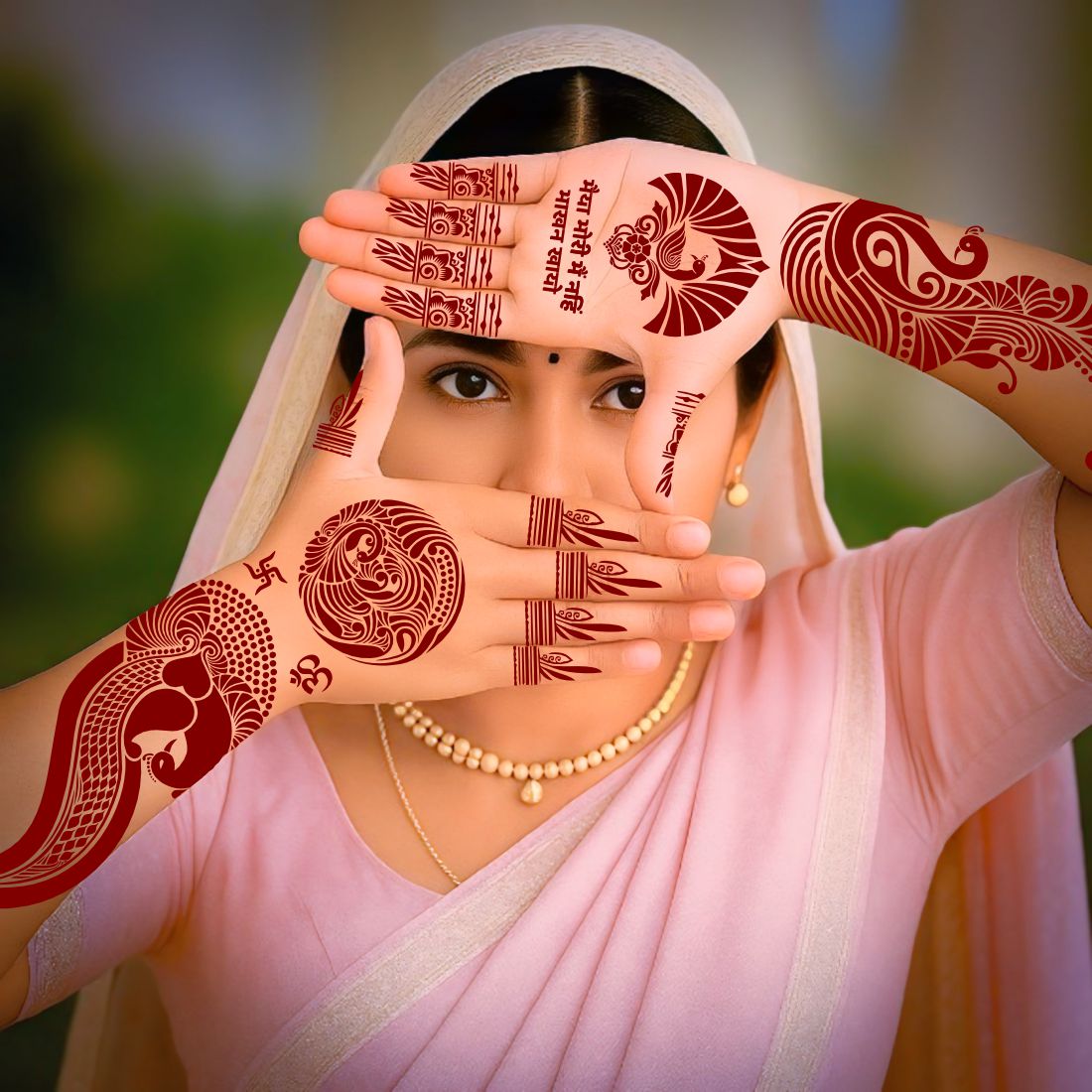 Divine Krishna Radha Mehndi Stencil for Janmashtami with Flute, Feather, Om Symbols & Traditional Round Peacock Motifs