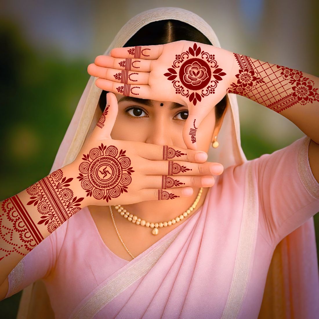 Full Hand Mehndi Stencil Sheet with Sacred Om Swastik Circles, Floral Palm Centers, Wrist Chains & Finger Wraps for Celebrations