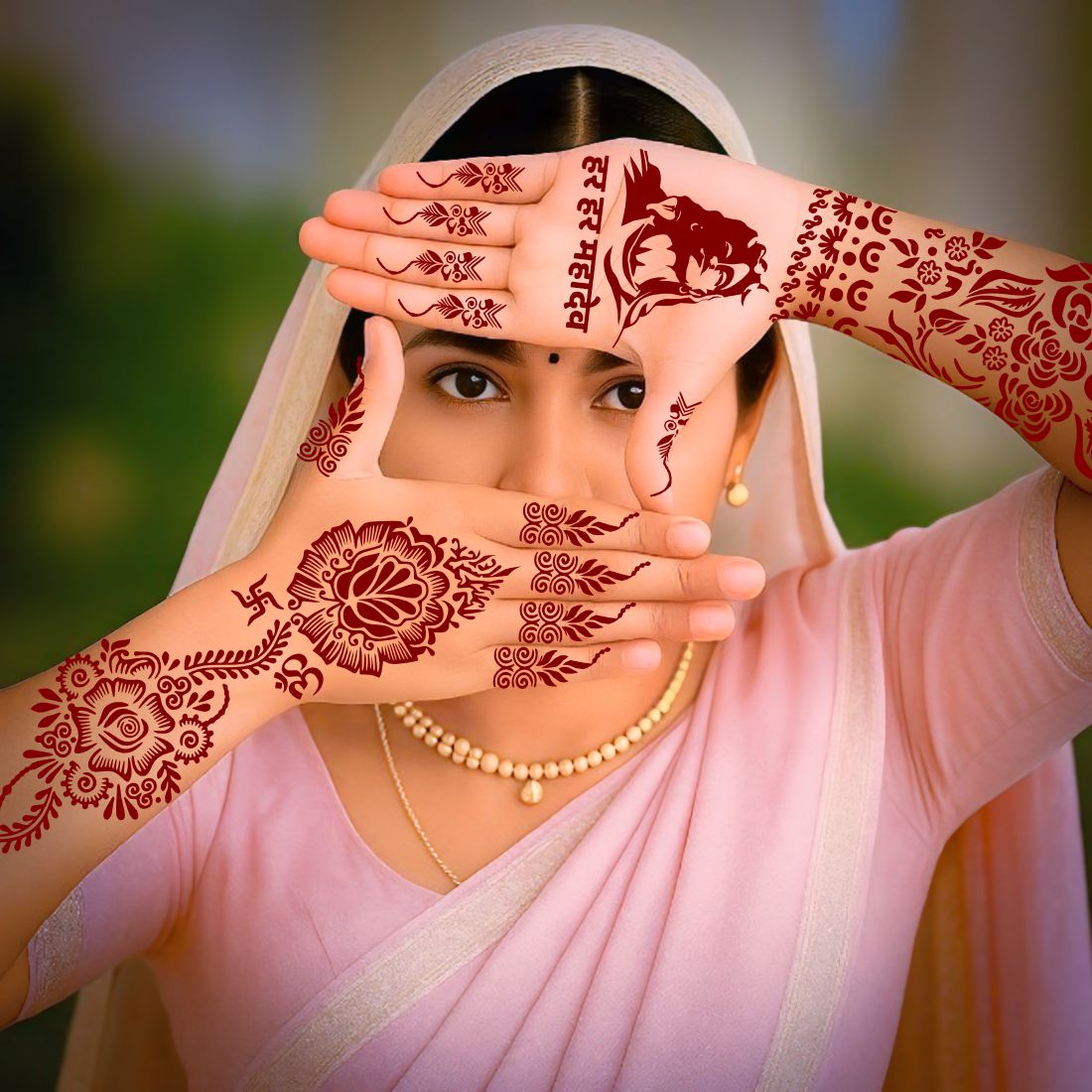 Devotional Shiva Mehndi Stencil Sheet with Om, Trishul, Har Har Mahadev Text & Floral Full Hand Design for Spiritual Festive Body Art