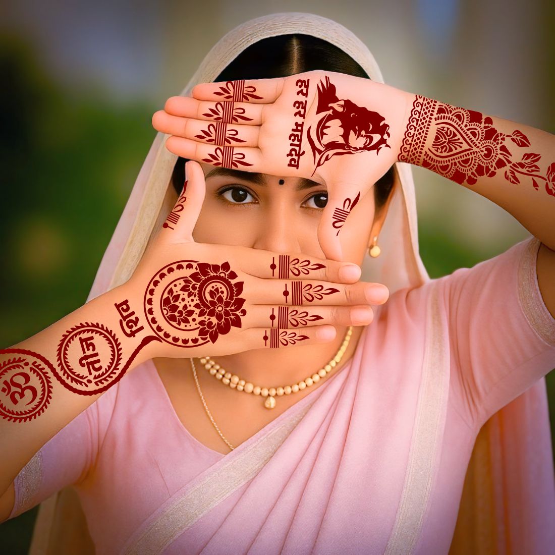 Elegant Teej Mehndi Stencil Sheet With Artistic Shiv Shakti Designs, Kalash, Om, Swastik, Floral Borders, And Decorative Religious Patterns For Celebrations