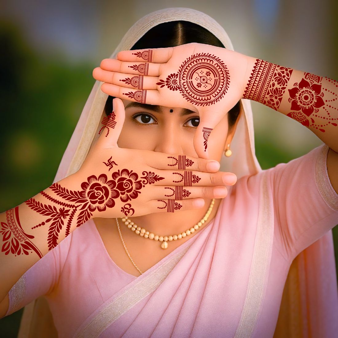 Traditional Rakshabandhan Mehndi Stencil Sheet Featuring Om Swastik Symbols, “Mere Ghar Kanhaiya” Text, Floral Wrist Bands, and Sacred Palm Fillers